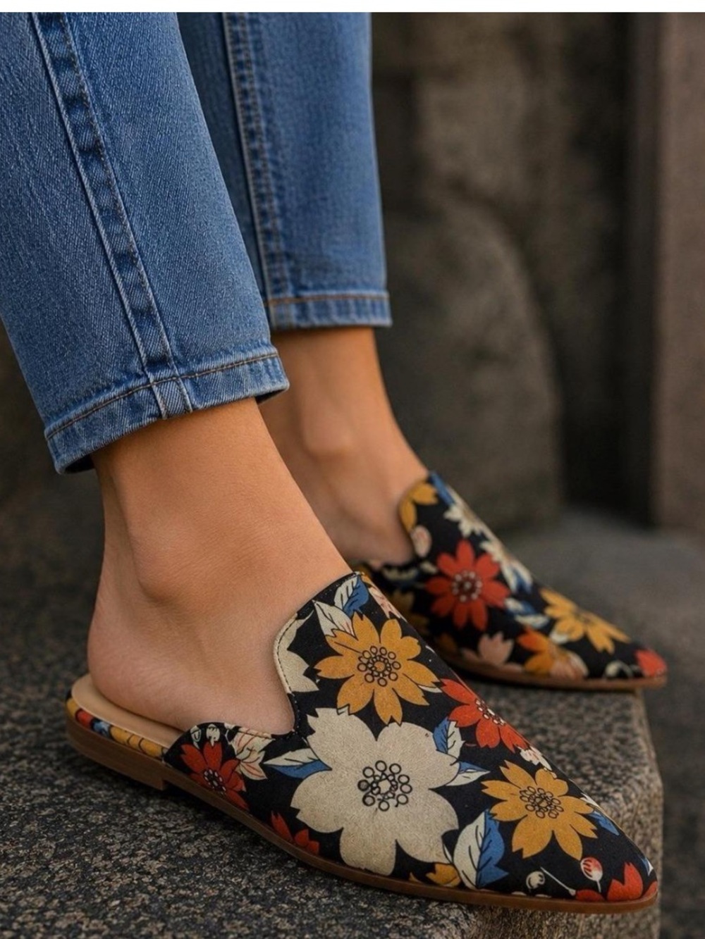 Tilocow Floral Pattern Point Toe Flat Mule Slip On Shoe Size 8